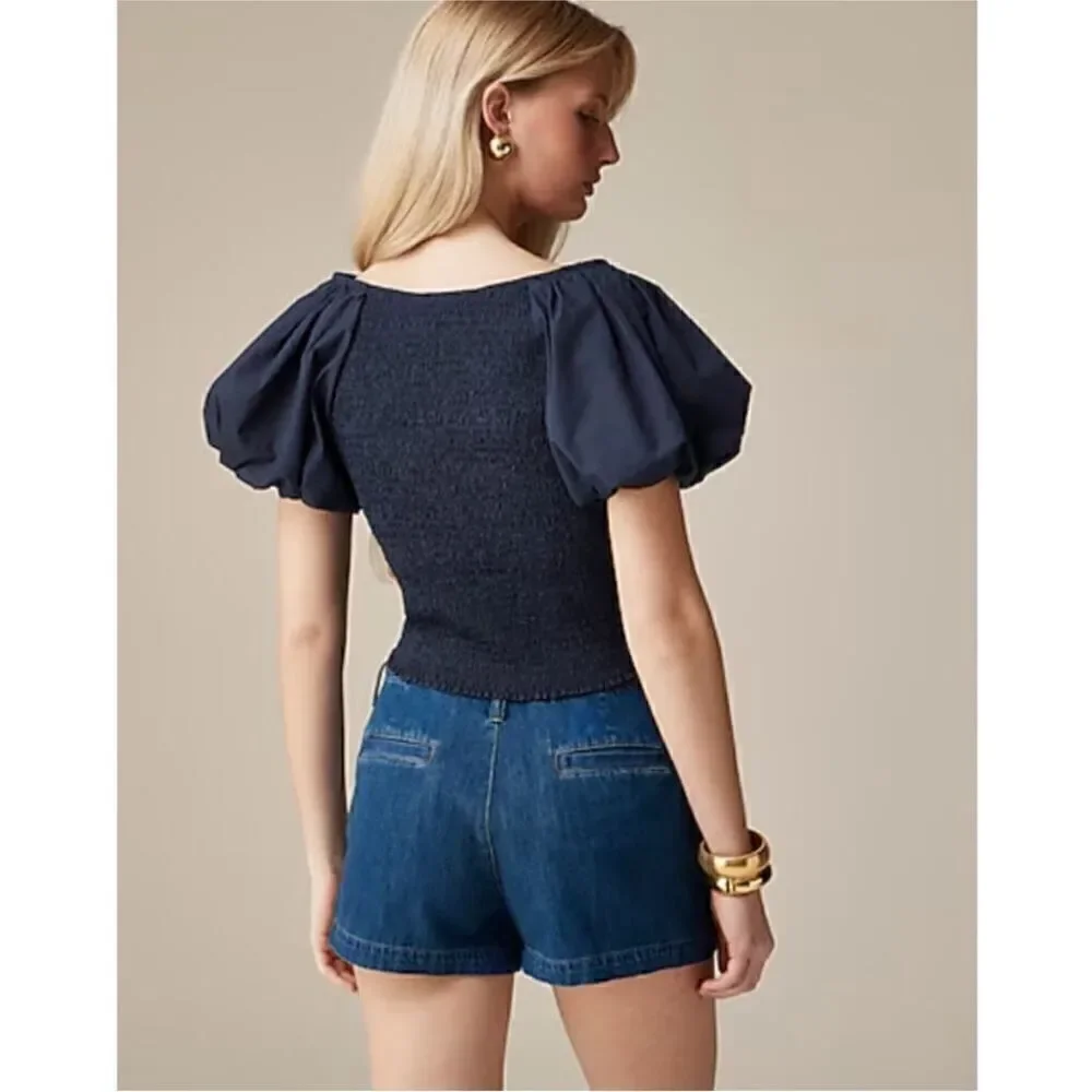 NWT J Crew Puff Sleeve Inez Fitted Top in Navy blue